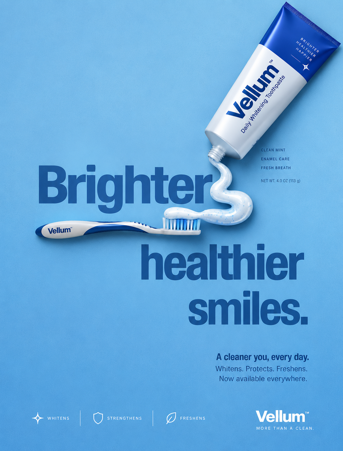 Vellum whitening toothpaste ad reading Brighter healthier smiles on a blue background